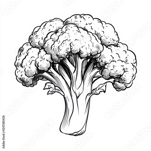 Broccolli Illustration: A meticulously drawn illustration of a broccoli floret in black and white, showcasing its intricate details and unique shape.   photo