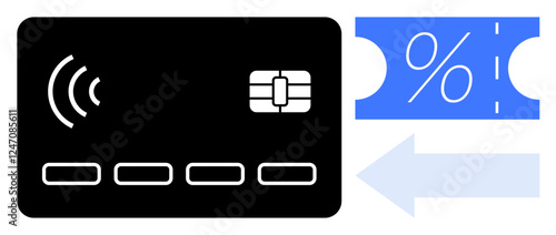 Contactless payment card with wireless signal symbol, EMV chip, coupon with percentage sign, and leftward arrow. Ideal for digital payments, discounts, cashless transactions, e-commerce, savings