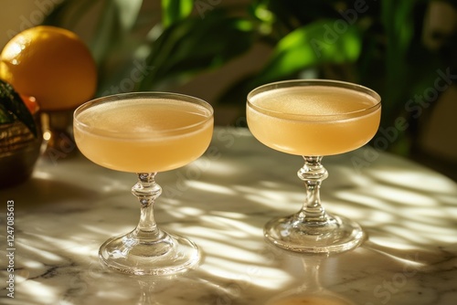 Glasses of chilled golden beverages sit on a reflective surface in a lively o...