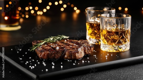 Grilled steak with rosemary whiskey glasses on rustic table