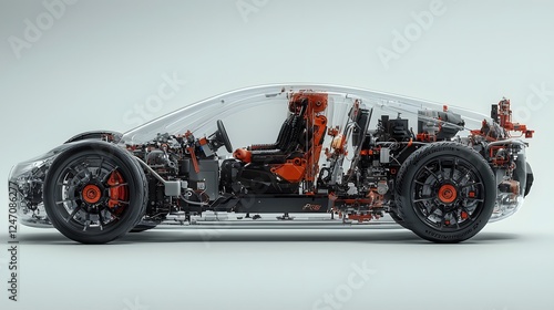 Transparent Automobile Revealing its Intricate Mechanical and Electronic Components A Captivating Cutaway View of the Vehicle s Inner Workings and Futuristic Design