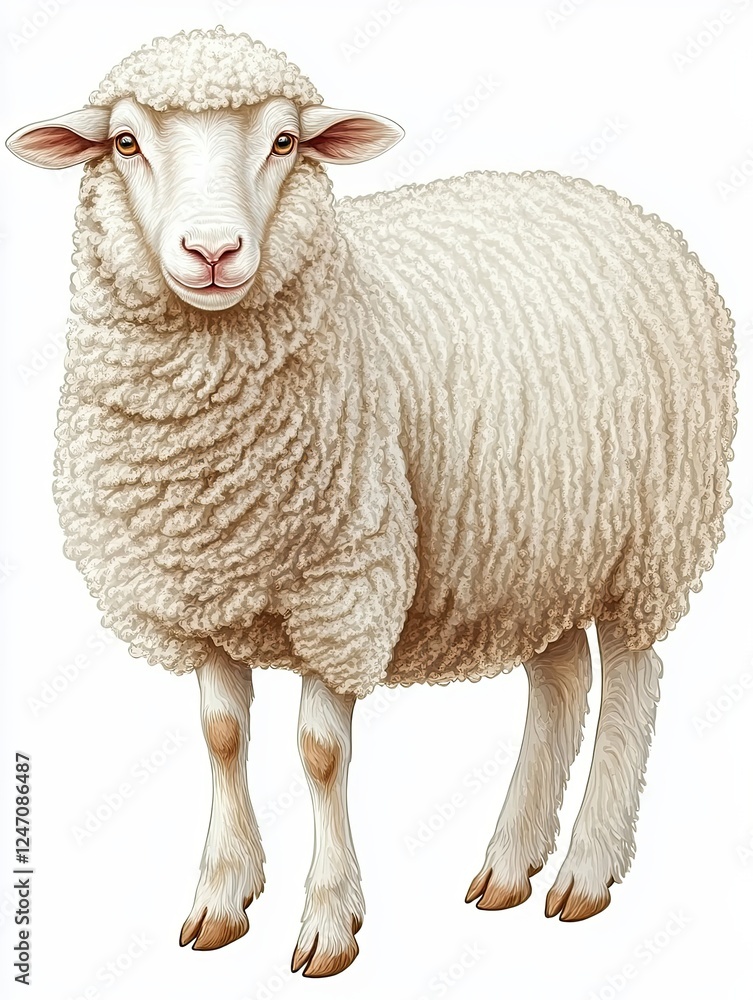 Fototapeta premium In a serene rural environment, a single white sheep with its thick, white wool grazes