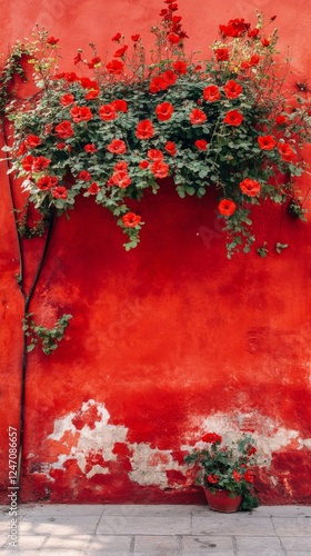 Vibrant red flowers blooming against a bold red wall during daylight hours