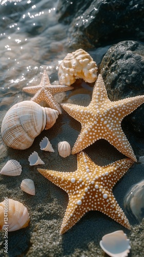 Colorful starfish and seashells scattered on a rocky beach by the water durin...