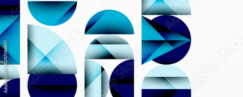 Abstract geometric background with layered gradient shapes forming dynamic patterns. Overlapping semi circles and triangles create depth and contrast