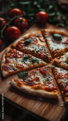 Freshly baked pizza with vibrant toppings on a wooden board surrounded by rip...