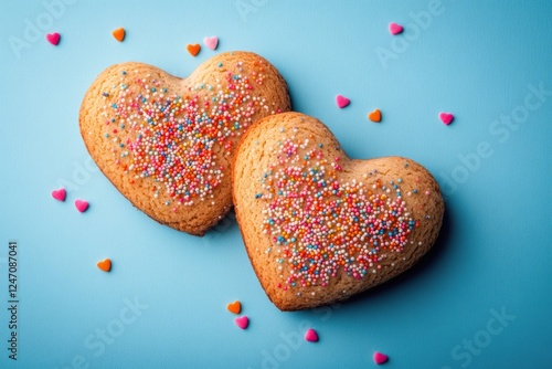 Heart-shaped cookies decorated with colorful sprinkles on a blue background