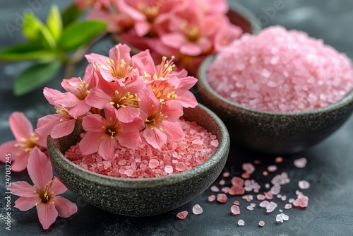Cherry blossom flowers and pink salt in decorative bowls on a blue surface wi...