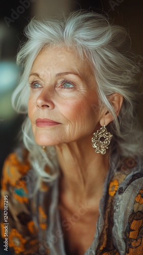 Mature woman with elegant hairstyle and earrings poses against neutral backgr...