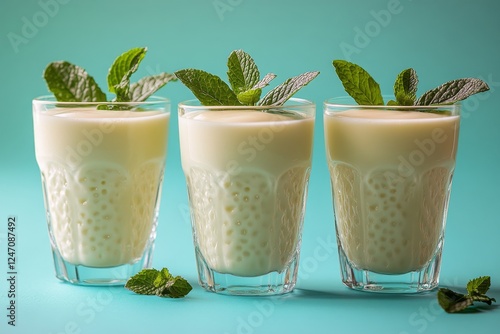 Refreshing mint yogurt drinks served in clear glasses on a blue background