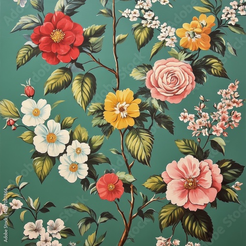 Colorful floral pattern on green background featuring various flower species ...