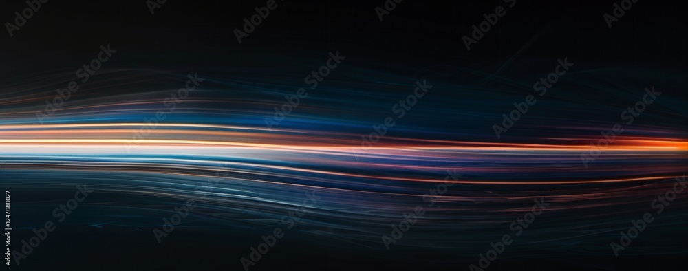 Dark background, horizontal light lines flowing from left to right in the center of the image. Dark background, horizontal light lines flowing from left to right in the center of the image.