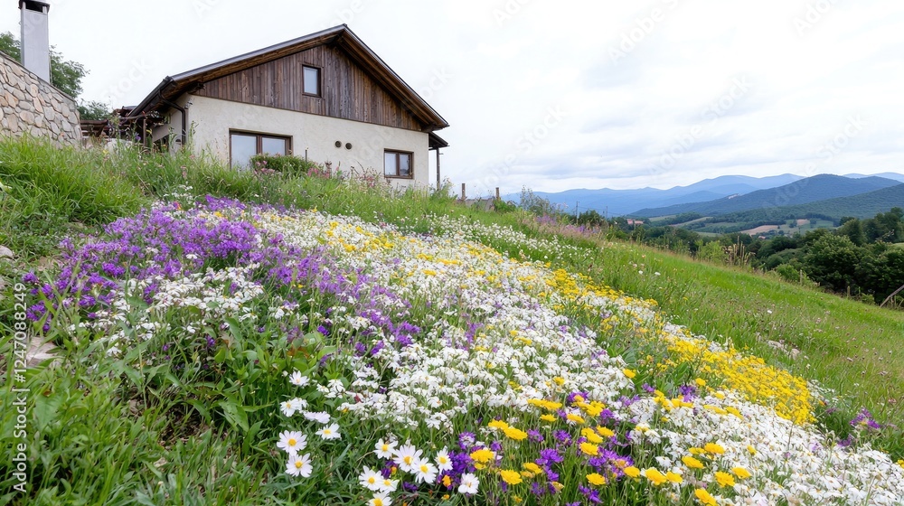 Hillside house, wildflowers, mountain view, rural landscape, travel brochure Hillside house, wildflowers, mountain view, rural landscape, travel brochure