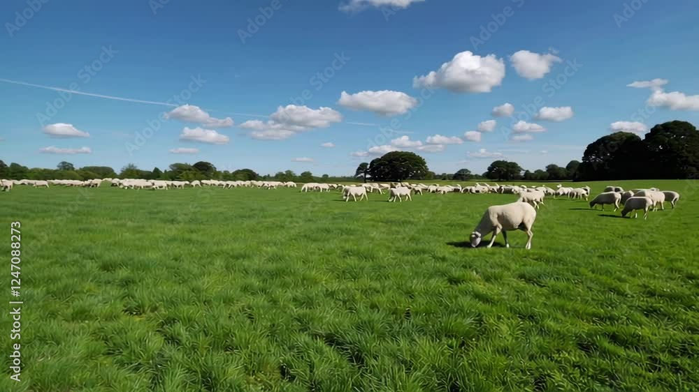 White sheep graze peacefully on lush green pasture under a bright blue sky dotted with fluffy white clouds in this idyllic slow motion pastoral scene White sheep graze peacefully on lush green pasture under a bright blue sky dotted with fluffy white clouds in this idyllic slow motion pastoral scene