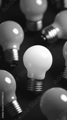 Unique white light bulb stands out among black bulbs on a dark surface