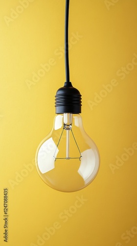 Bright vintage light bulb hanging against a vivid yellow background for inter...
