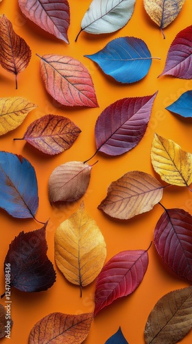 Colorful autumn leaves arranged artistically on a vibrant orange background f...