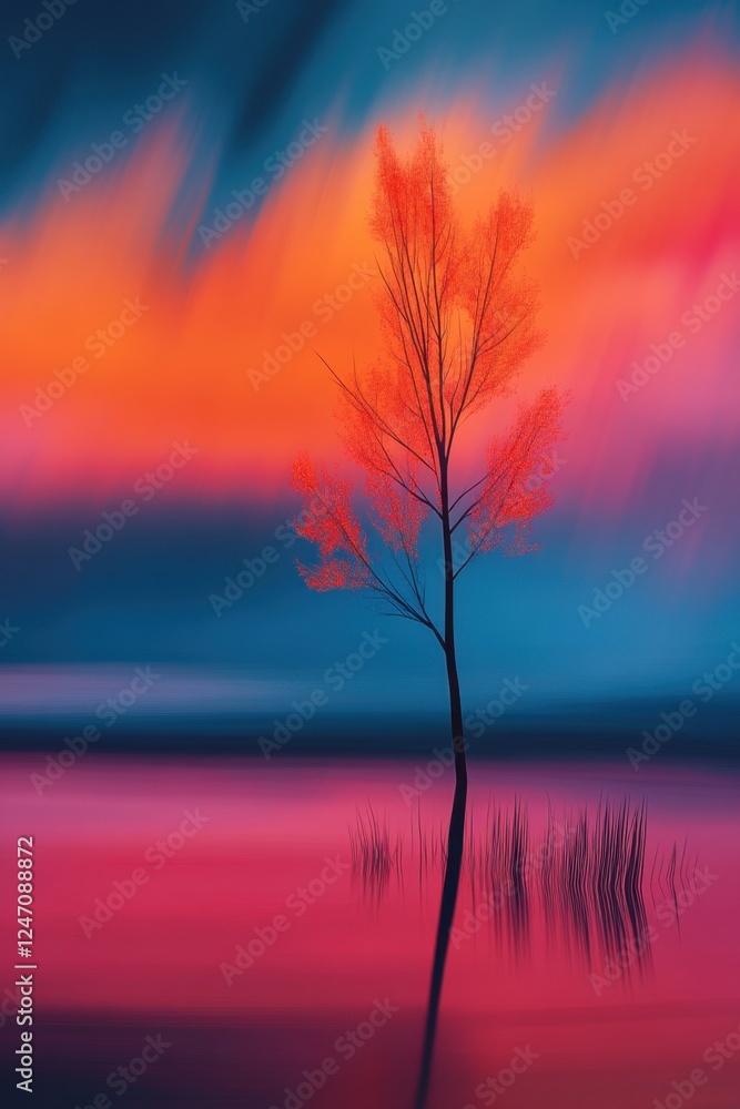 Obraz premium Solitary tree vibrant sunset calm waters