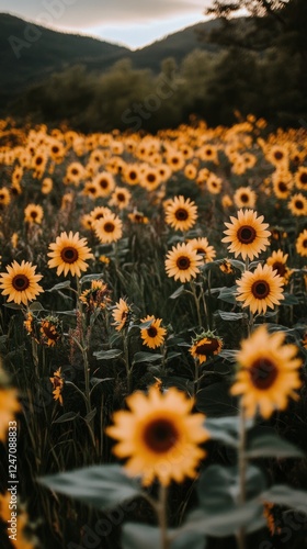 Sunflowers bloom in a vibrant field during a golden hour in late summer