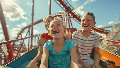 Two children ride a roller coaster at an amusement park at sunset. They have fun spending their summer holidays. Family weekend