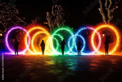 Colorful light trails created by people holding sparklers during a night cele...