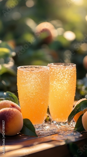 Refreshing peach sparkling drinks with slices in elegant glasses on wooden table