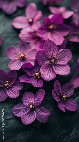 Purple flowers on a dark surface, highlighting their vibrant colors and intri...
