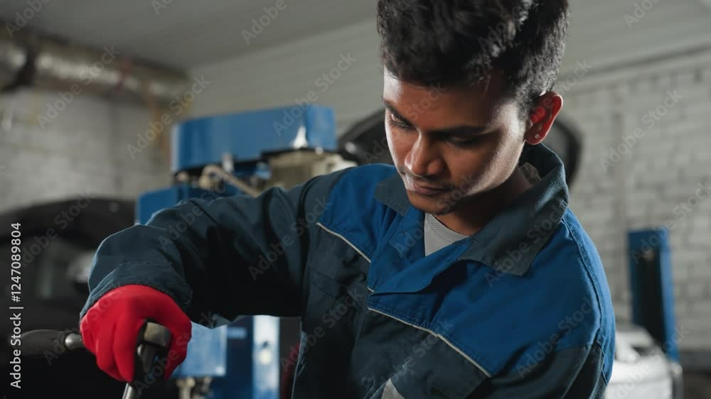 Mechanic Feature Mechanic in blue uniform and red gloves tightening bolts on car engine ...