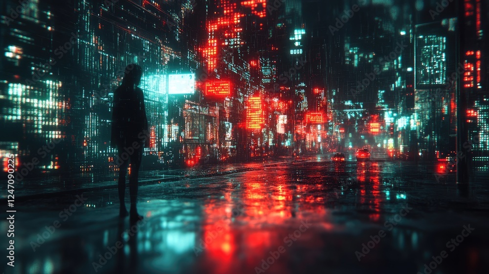 A silhouetted figure stands in a neon-lit, rainy urban environment, evoking a cyberpunk atmosphere. A silhouetted figure stands in a neon-lit, rainy urban environment, evoking a cyberpunk atmosphere.