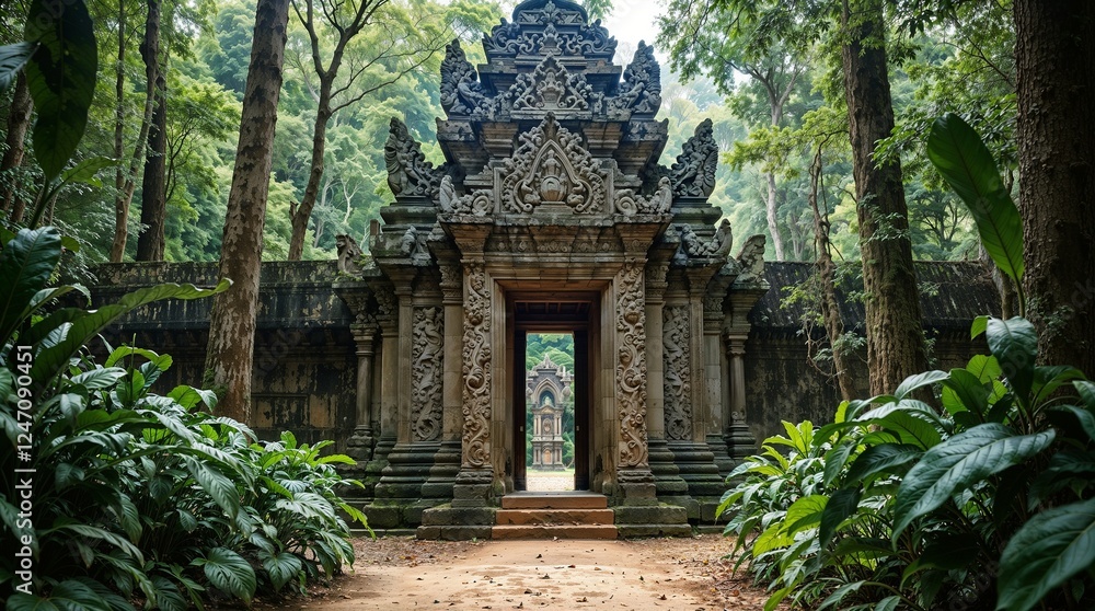 Intricately Carved Ancient Southeast Asian Temple Gate Enclosed by Lush Jungle Intricately Carved Ancient Southeast Asian Temple Gate Enclosed by Lush Jungle