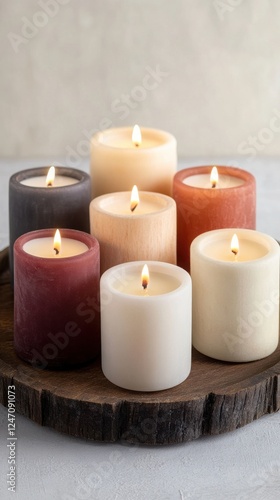 Wallpaper Mural Aesthetic arrangement of colorful candles on a wooden tray, creating a warm and inviting ambience for relaxation and tranquility. Torontodigital.ca