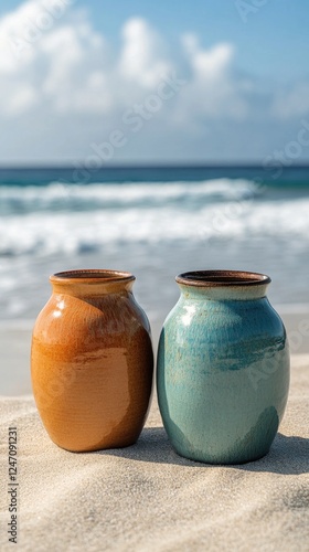 Colorful pottery jars on sandy beach with ocean waves in bright daylight