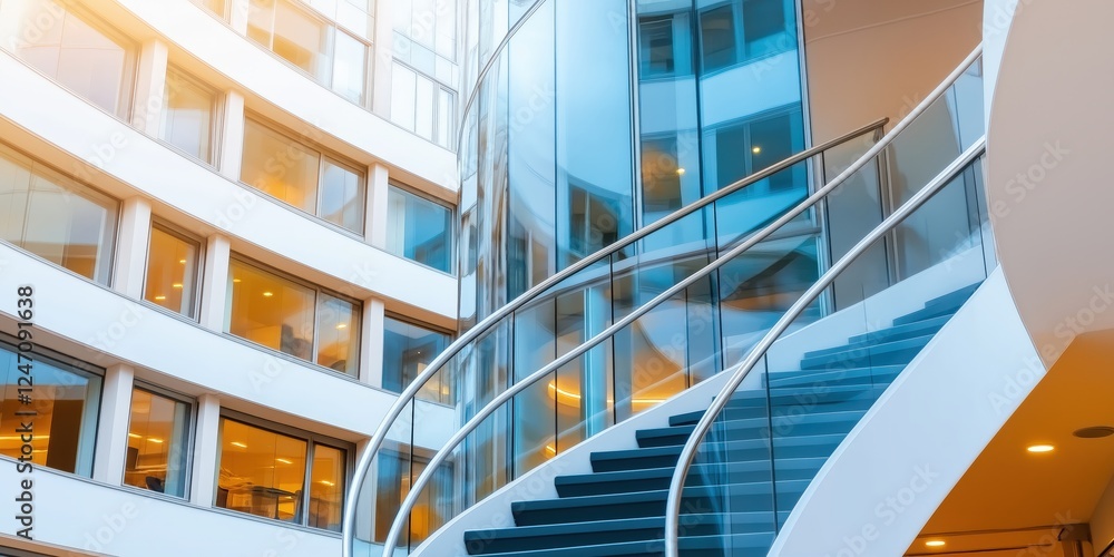 Fototapeta premium Modern building interior with curved stairs and glass walls