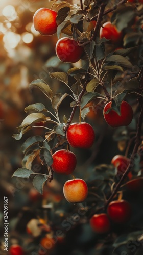 Bright red apples hanging from a branch in a lush orchard during golden hour ...