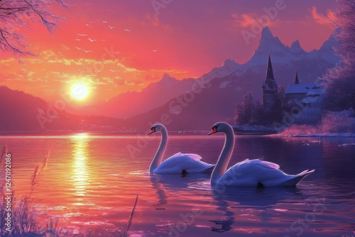 Swans gracefully glide on tranquil water during a stunning sunset