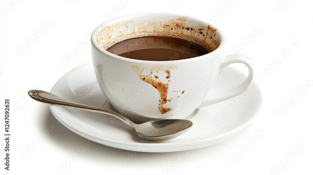 Obraz premium A coffee cup with a splash captured mid-air, accompanied by a saucer and spoon, isolated against a white background