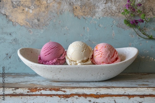Delightful ice cream scoops in a bowl surrounded by cherry blossoms on a marb...