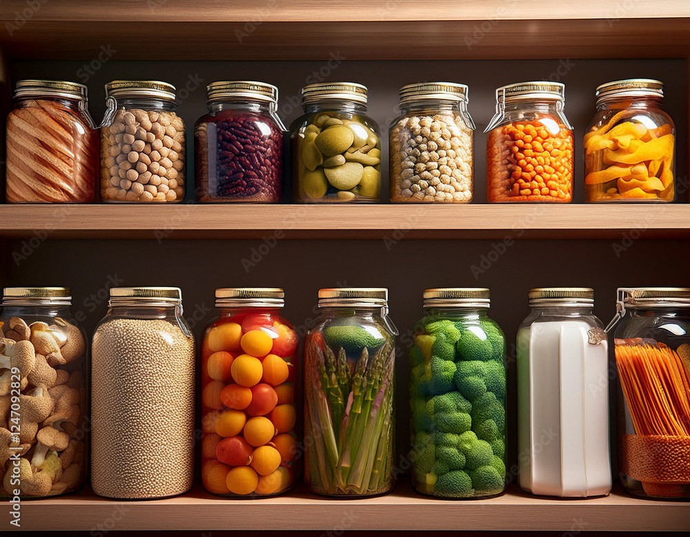 A stylized bookshelf arrangement where one side holds jars of vibrant whole foods and the other packaged snacks. A stylized bookshelf arrangement where one side holds jars of vibrant whole foods and the other packaged snacks.