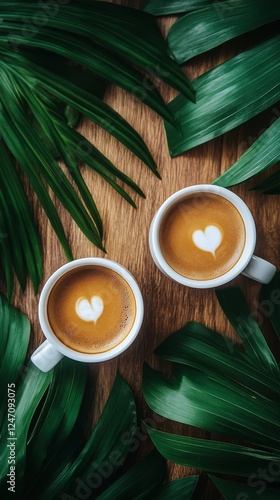Warm coffee cups with heart latte art surrounded by green palm leaves on wood...