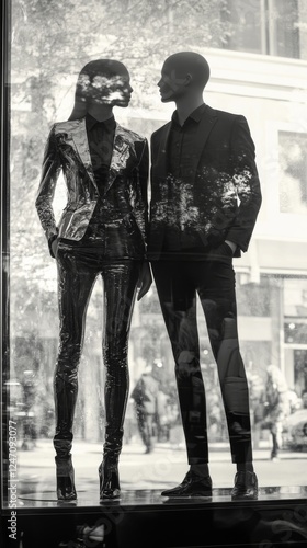 Stylish mannequins in a clothing store window display during a sunny day