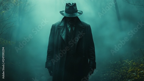 A man in a hat and coat is walking through a foggy forest