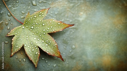 Green maple leaf with rain droplets on textured surface in autumn