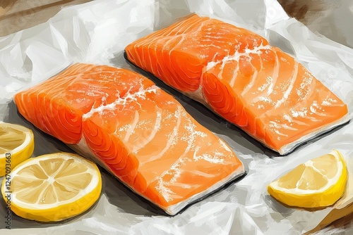 Fresh salmon fillets garnished with lemon and edible flowers on a rustic wood...