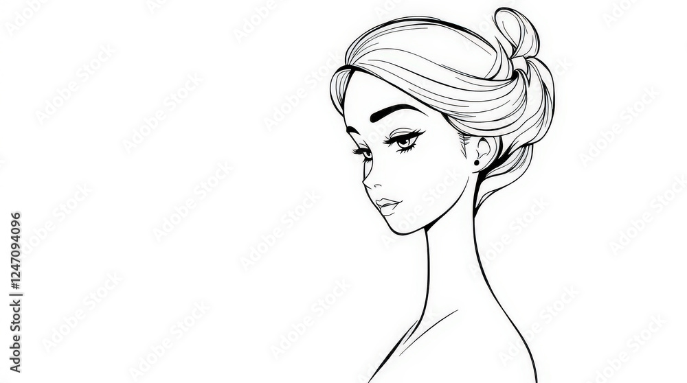 Classic black and white line art portrait of a woman with a neat bun hairstyle Classic black and white line art portrait of a woman with a neat bun hairstyle