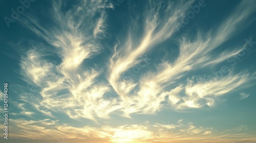 Vast blue sky filled with swirling white clouds over a serene landscape