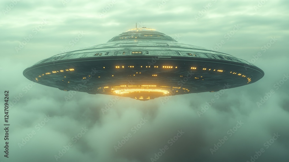 A large, glowing, silver spaceship is flying through a cloudy sky A large, glowing, silver spaceship is flying through a cloudy sky