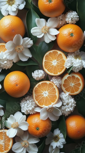 Bright oranges and white flowers arranged artfully on leafy background for a ...