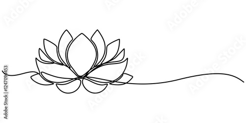 Lotus Water Lily Continuous Line Illustration, Lotus flower in single continuous line drawing style for logo or emblem. Water lily outline vector illustration for yoga studio, spa, zen center, minimal