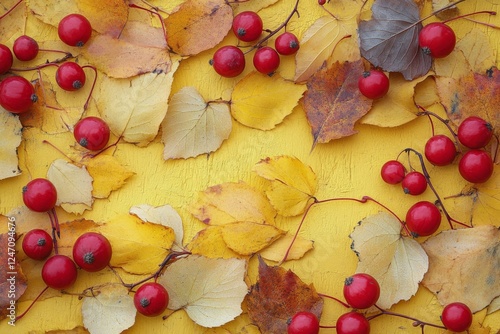 Vibrant autumn leaves and red berries arranged on a bright yellow background ...