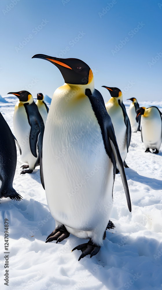 Fototapeta premium Group of Penguins Socializing on Icy Landscape under Clear Blue Sky Highlighting Natural Habitat